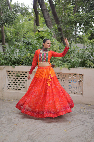 Orange Bandhani Print Lehenga with Kutchi Gamthi Patchwork & Matching Blouse ClothsVilla