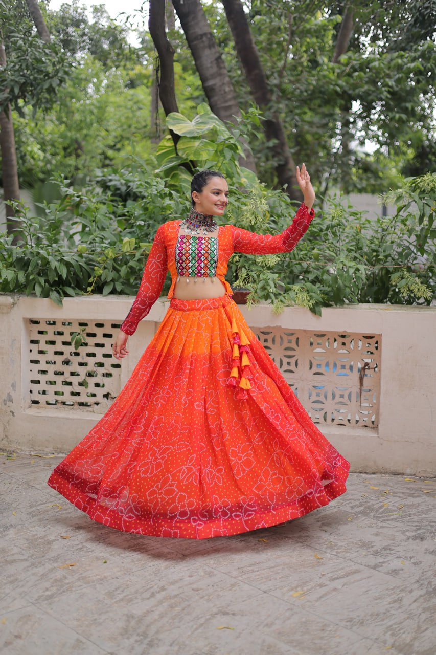 Orange Bandhani Print Lehenga with Kutchi Gamthi Patchwork & Matching Blouse ClothsVilla