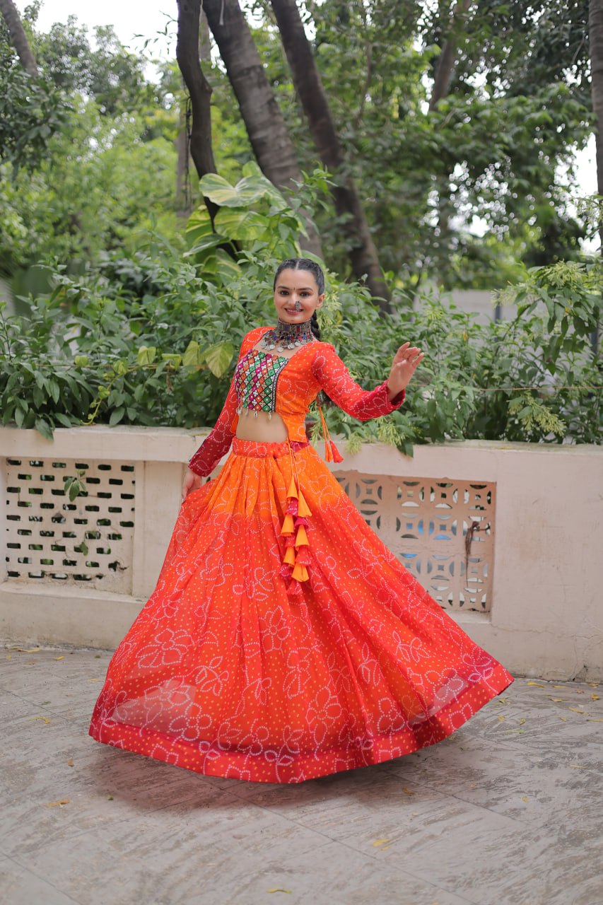 Orange Bandhani Print Lehenga with Kutchi Gamthi Patchwork & Matching Blouse ClothsVilla