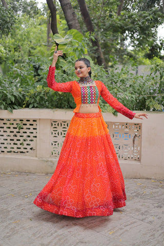 Orange Bandhani Print Lehenga with Kutchi Gamthi Patchwork & Matching Blouse ClothsVilla