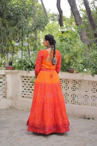 Orange Bandhani Print Lehenga with Kutchi Gamthi Patchwork & Matching Blouse ClothsVilla