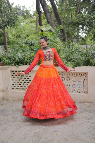 Orange Bandhani Print Lehenga with Kutchi Gamthi Patchwork & Matching Blouse ClothsVilla