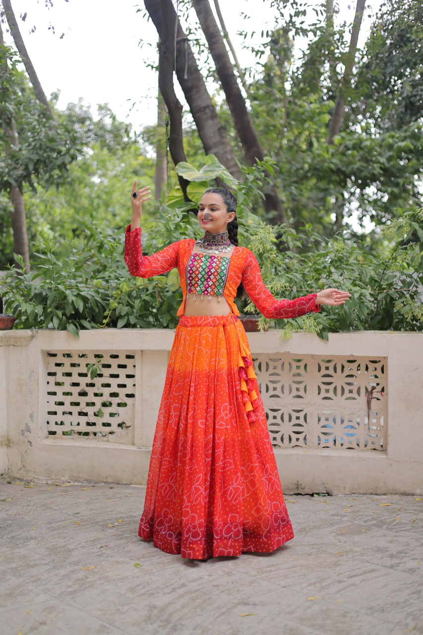 Orange Bandhani Print Lehenga with Kutchi Gamthi Patchwork & Matching Blouse ClothsVilla