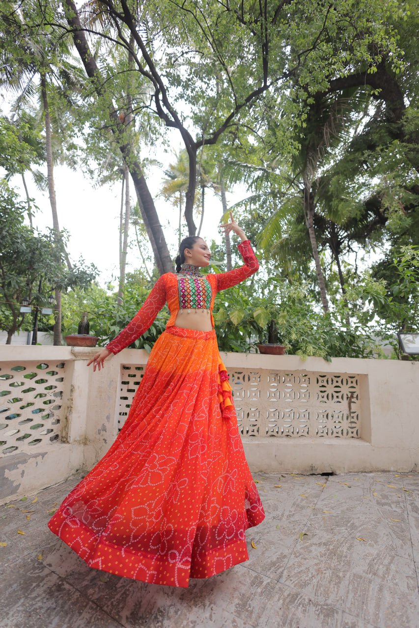 Orange Bandhani Print Lehenga with Kutchi Gamthi Patchwork & Matching Blouse ClothsVilla