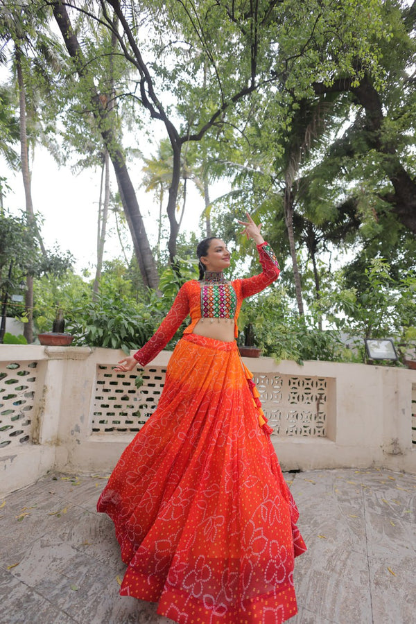 Orange Bandhani Print Lehenga with Kutchi Gamthi Patchwork & Matching Blouse ClothsVilla