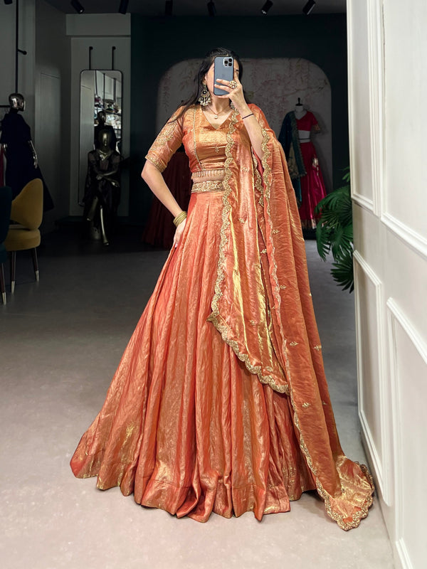 Orange Designer Fendi Lehenga Choli Set with Sequins & Thread Embroidery  Heavy Flair Stitched Lehenga with Dupatta ClothsVilla