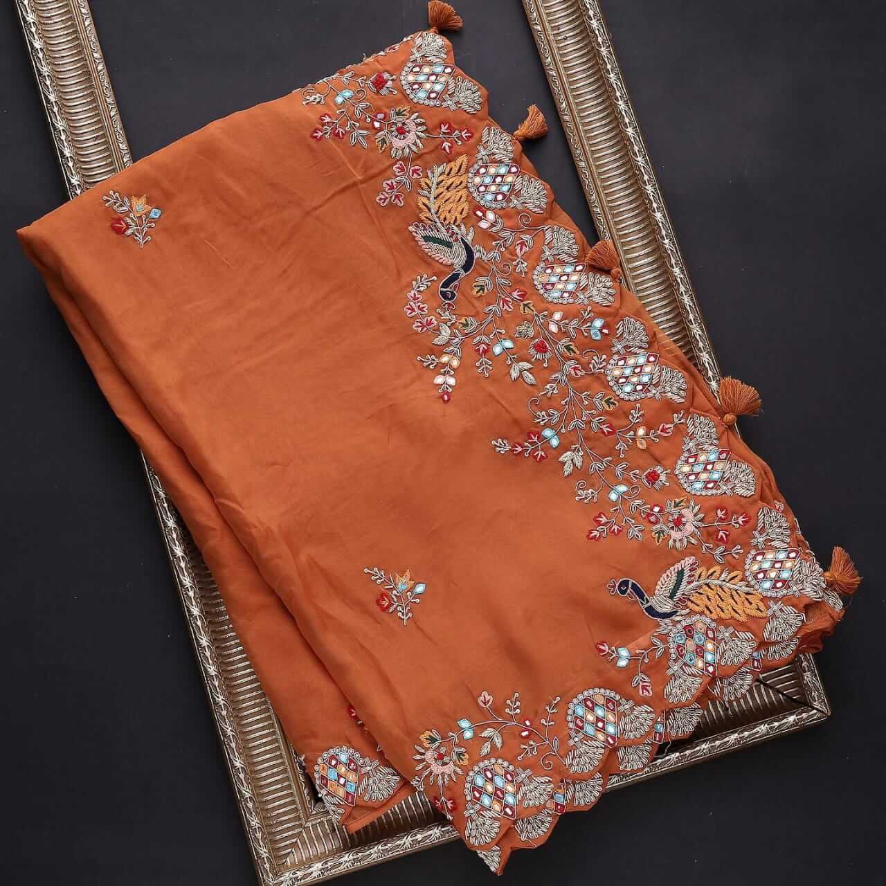 Orange Elegant Organza Saree with Zari, Dori & Real Mirror Work | Unstitched Bangalori Silk Blouse ClothsVilla