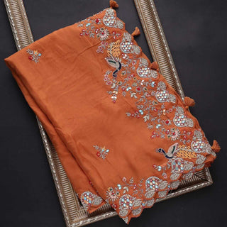 Orange Elegant Organza Saree with Zari, Dori & Real Mirror Work | Unstitched Bangalori Silk Blouse ClothsVilla