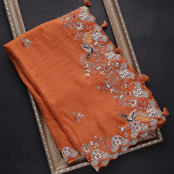 Orange Elegant Organza Saree with Zari, Dori & Real Mirror Work | Unstitched Bangalori Silk Blouse ClothsVilla
