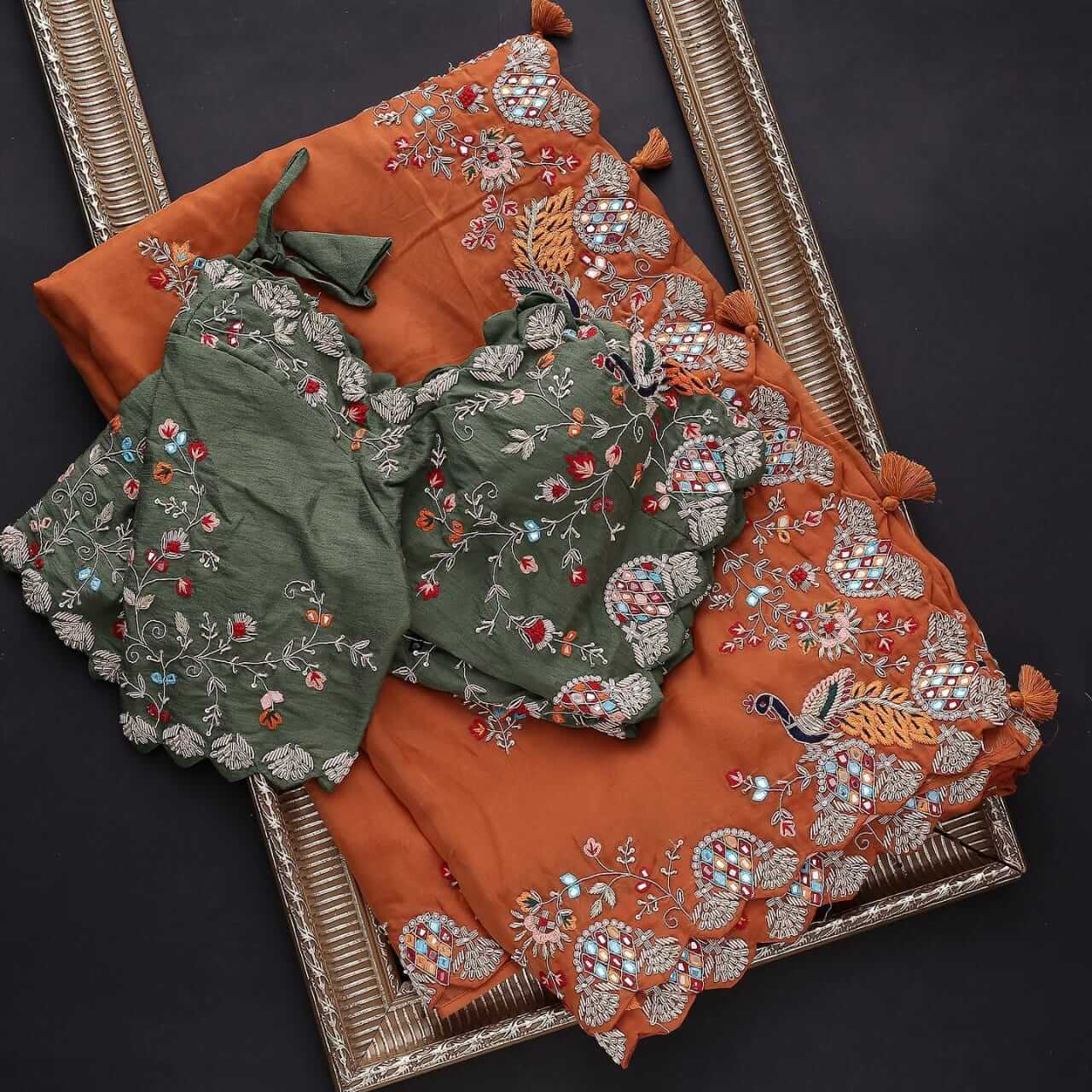 Orange Elegant Organza Saree with Zari, Dori & Real Mirror Work | Unstitched Bangalori Silk Blouse ClothsVilla