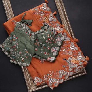 Orange Elegant Organza Saree with Zari, Dori & Real Mirror Work | Unstitched Bangalori Silk Blouse ClothsVilla
