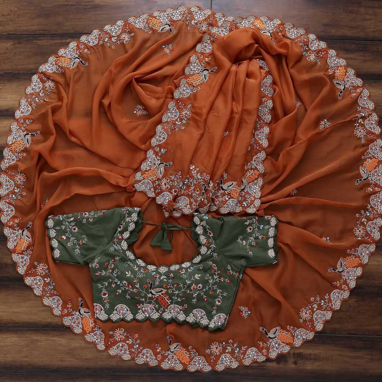 Orange Elegant Organza Saree with Zari, Dori & Real Mirror Work | Unstitched Bangalori Silk Blouse ClothsVilla