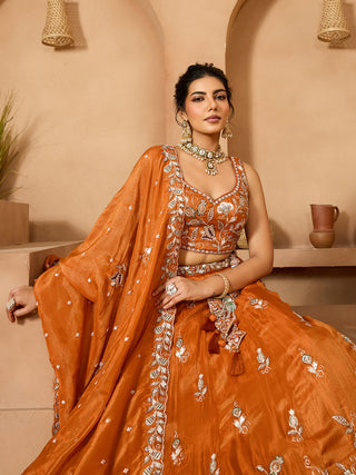 Orange Elegant Tissue Lehenga Choli with Matching Dupatta – Sequins, Stones & Thread Embroidery Festive & Party Wear ClothsVilla