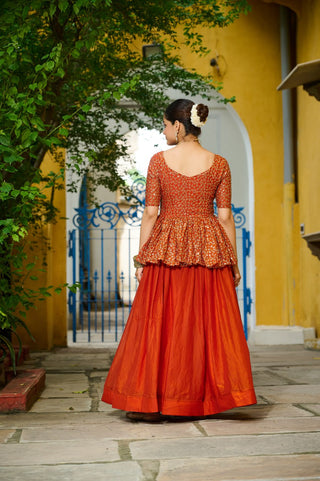 Orange Fendy Fabric Full-Stitched Lehenga Set with Sequins Embroidered Peplum Blouse ClothsVilla