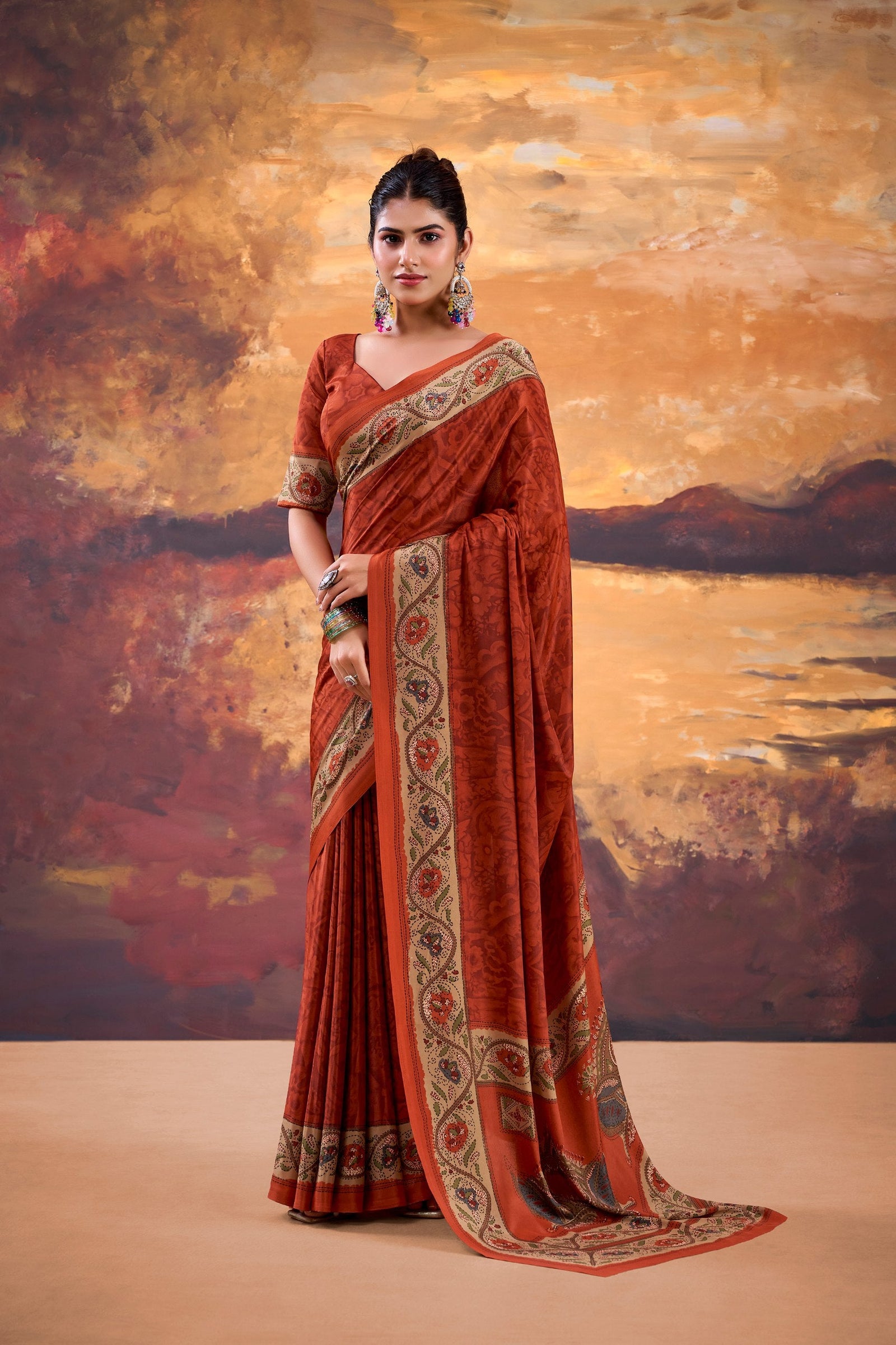 Orange Stylish Printed Crepe Saree with Matching Blouse Piece ClothsVilla