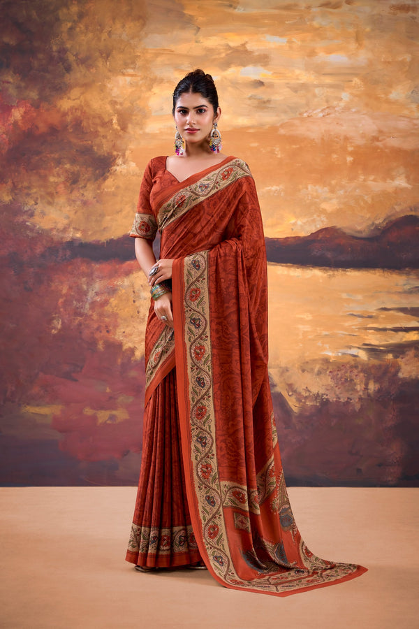 Orange Stylish Printed Crepe Saree with Matching Blouse Piece ClothsVilla