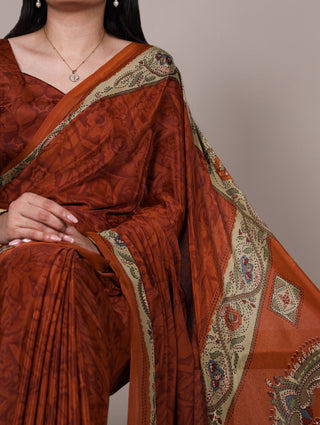 Orange Stylish Printed Crepe Saree with Matching Blouse Piece ClothsVilla