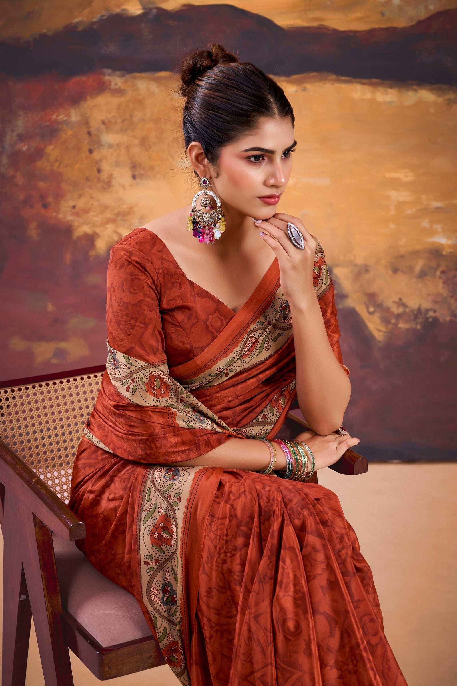 Orange Stylish Printed Crepe Saree with Matching Blouse Piece ClothsVilla