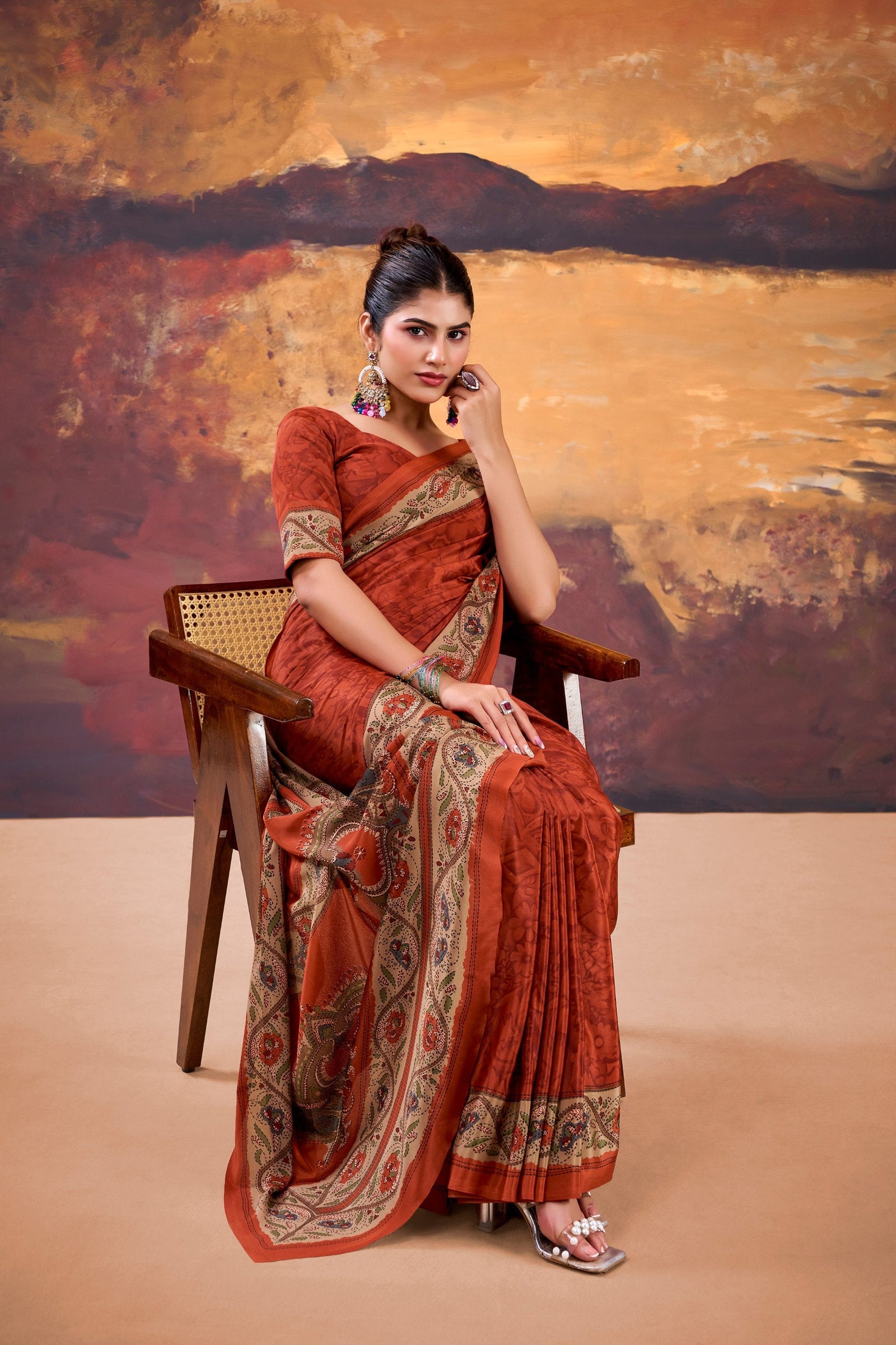 Orange Stylish Printed Crepe Saree with Matching Blouse Piece ClothsVilla