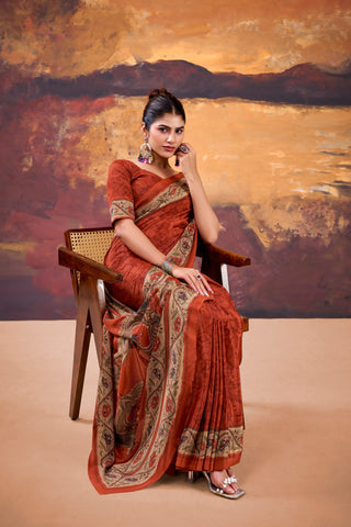 Orange Stylish Printed Crepe Saree with Matching Blouse Piece ClothsVilla