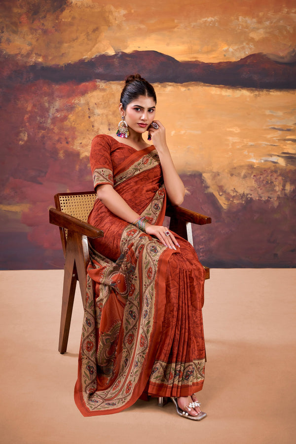 Orange Stylish Printed Crepe Saree with Matching Blouse Piece ClothsVilla