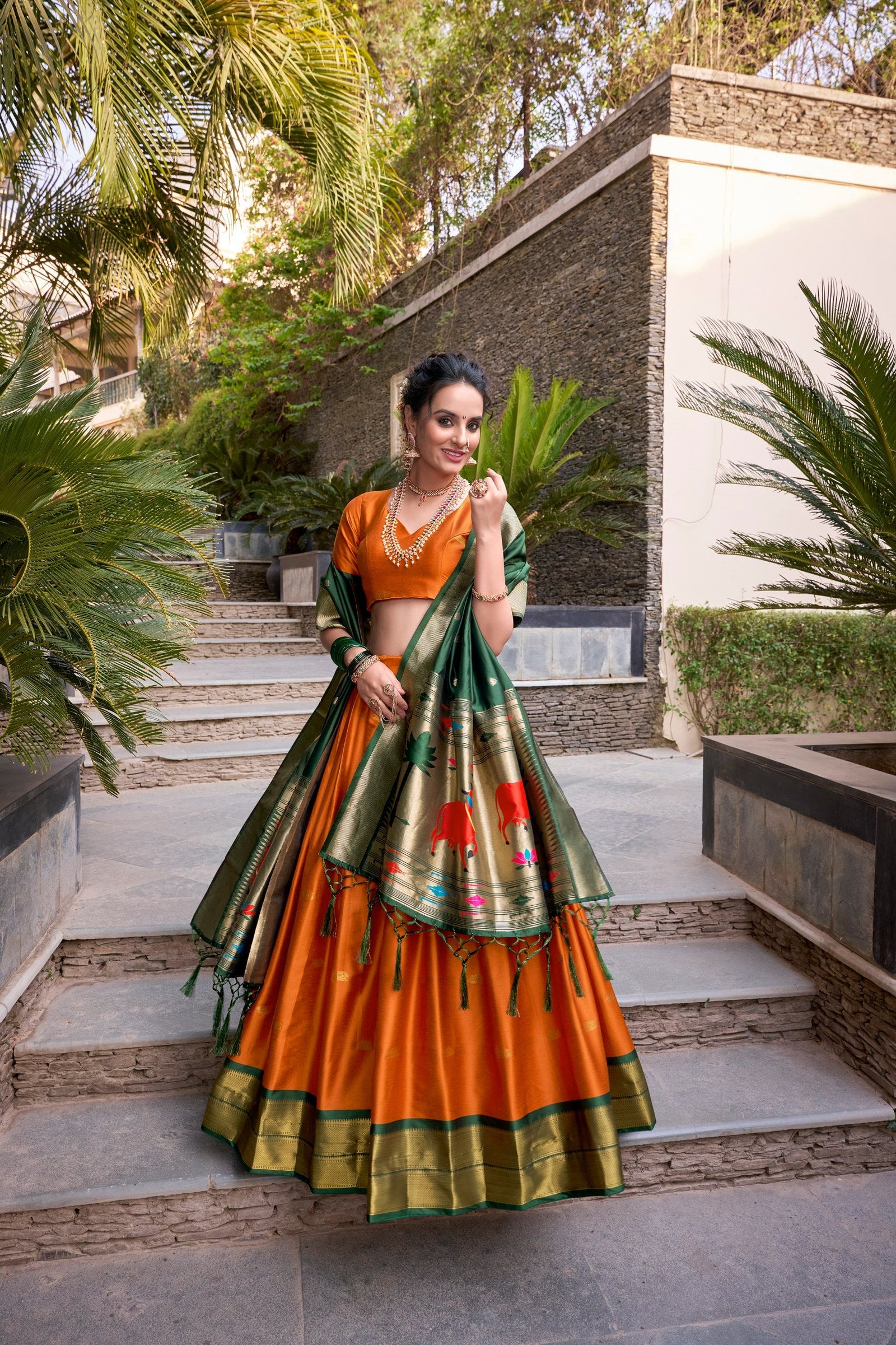 Orange Traditional Paithani Jacquard Silk Lehenga Set with Zari Weaving & Tassel Dupatta – Stitched ClothsVilla