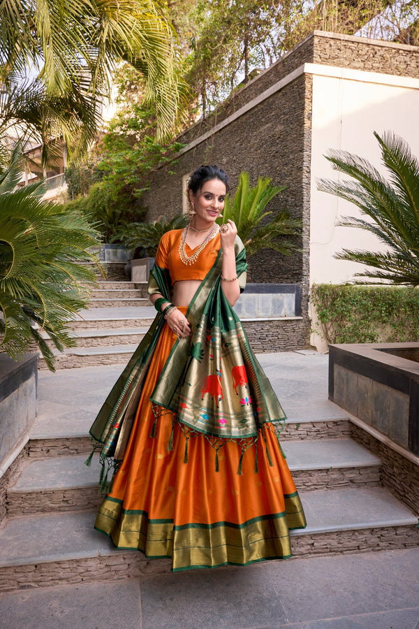 Orange Traditional Paithani Jacquard Silk Lehenga Set with Zari Weaving & Tassel Dupatta – Stitched ClothsVilla
