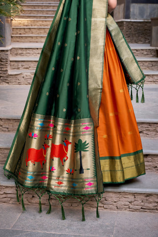 Orange Traditional Paithani Jacquard Silk Lehenga Set with Zari Weaving & Tassel Dupatta – Stitched ClothsVilla