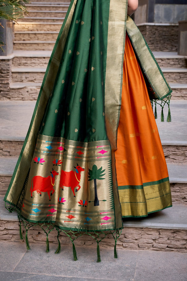 Orange Traditional Paithani Jacquard Silk Lehenga Set with Zari Weaving & Tassel Dupatta – Stitched ClothsVilla