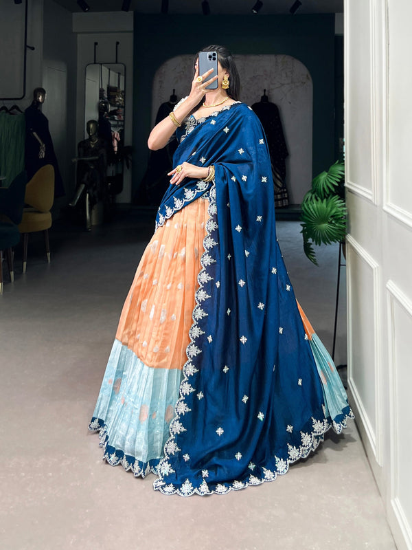 Orange Zari Kota Embroidered Lehenga Set with Vichitra Silk Dupatta – Sequins & Thread Work, Unstitched Blouse Clothsvilla