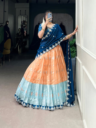 Orange Zari Kota Embroidered Lehenga Set with Vichitra Silk Dupatta – Sequins & Thread Work, Unstitched Blouse Clothsvilla