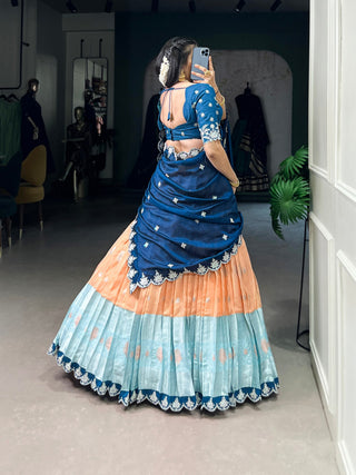Orange Zari Kota Embroidered Lehenga Set with Vichitra Silk Dupatta – Sequins & Thread Work, Unstitched Blouse Clothsvilla