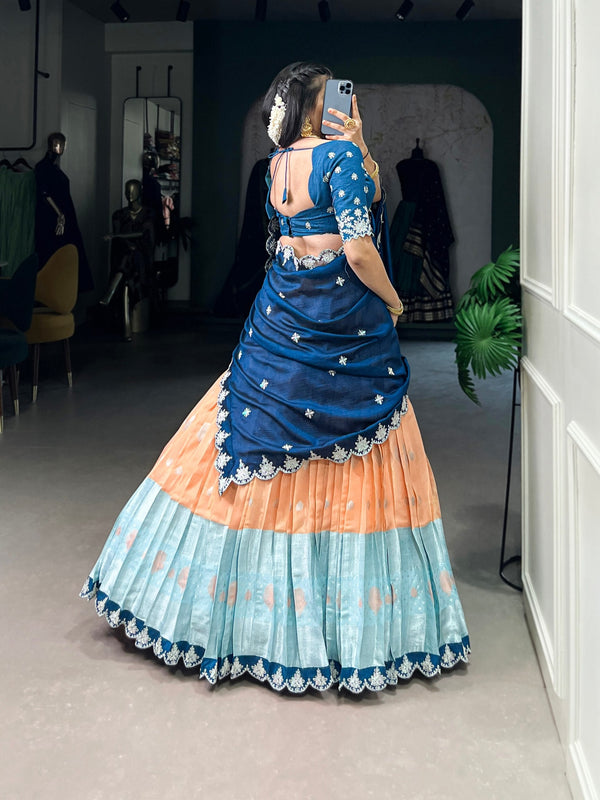 Orange Zari Kota Embroidered Lehenga Set with Vichitra Silk Dupatta – Sequins & Thread Work, Unstitched Blouse Clothsvilla