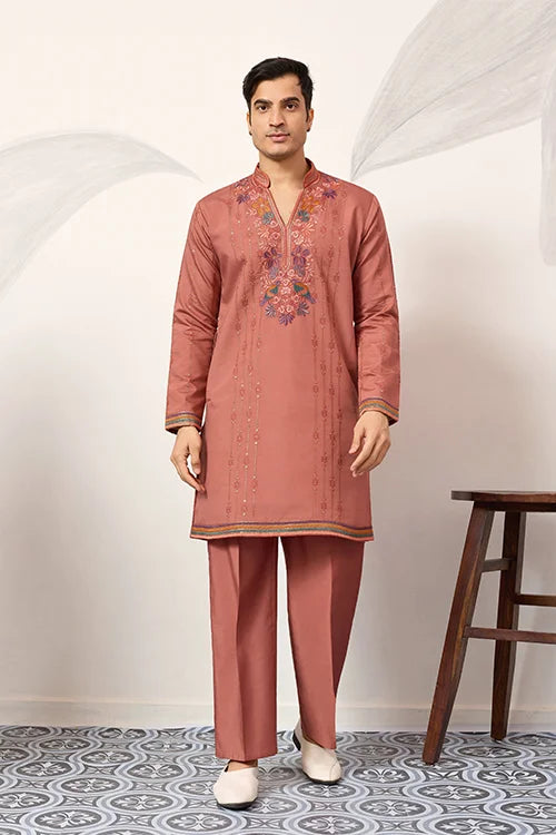 Elegant Royal V Style Orange Kurta Pant for Mens wear Clothsvilla