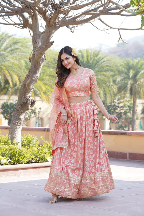 Designer Dyeable Viscose Jacquard Peach Lehenga Choli & Dupatta Set with Sequins Embroidery ClothsVilla