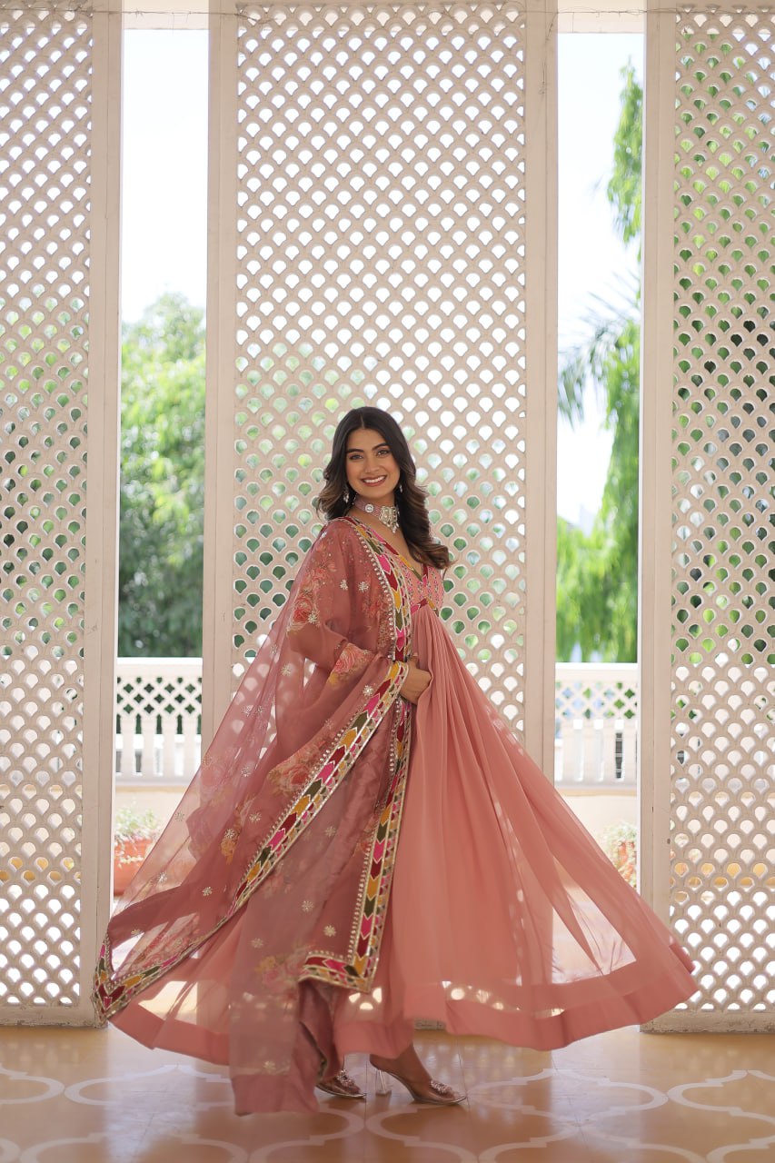 Elegant Embroidered Alia Cut Peach Gown with Printed Dupatta Set ClothsVilla Main image