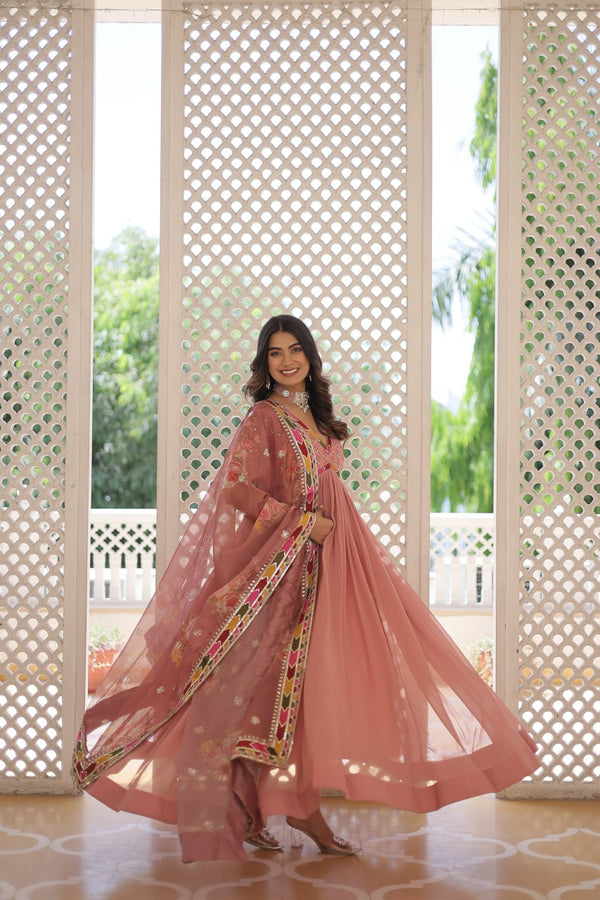 Elegant Embroidered Alia Cut Peach Gown with Printed Dupatta Set ClothsVilla
