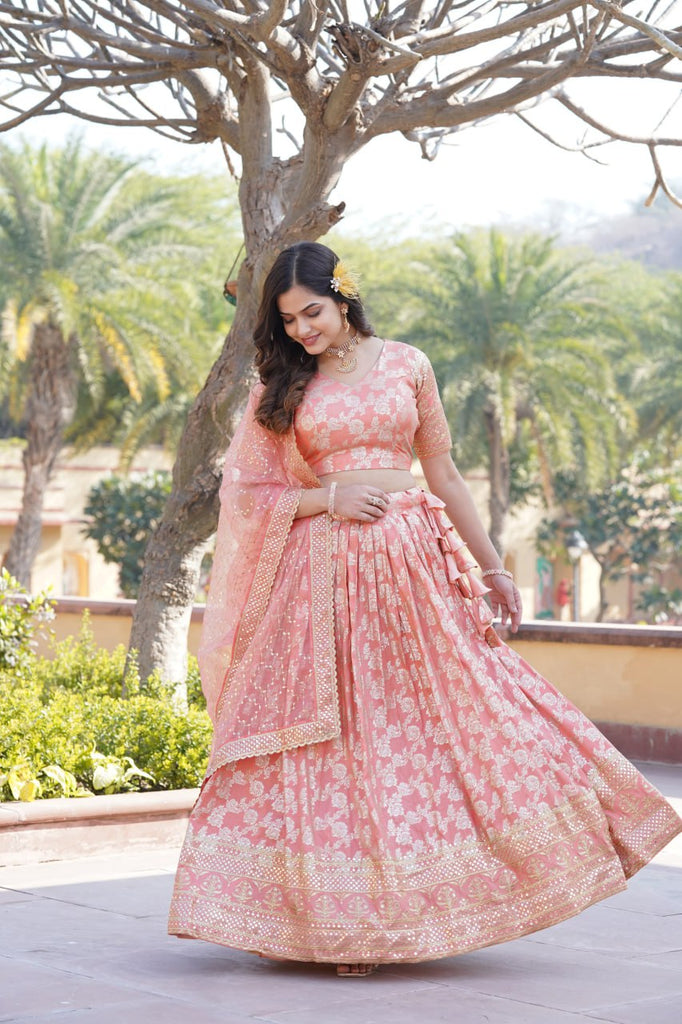 Designer Dyeable Viscose Jacquard Peach Lehenga Choli & Dupatta Set with Sequins Embroidery ClothsVilla