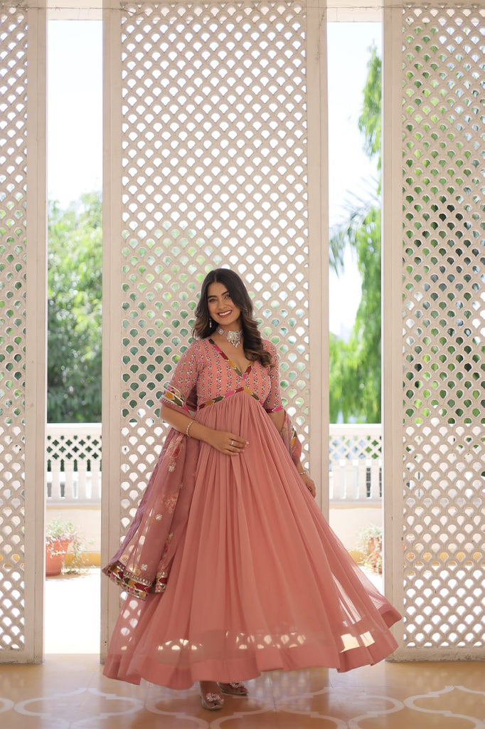 Elegant Embroidered Alia Cut Peach Gown with Printed Dupatta Set ClothsVilla