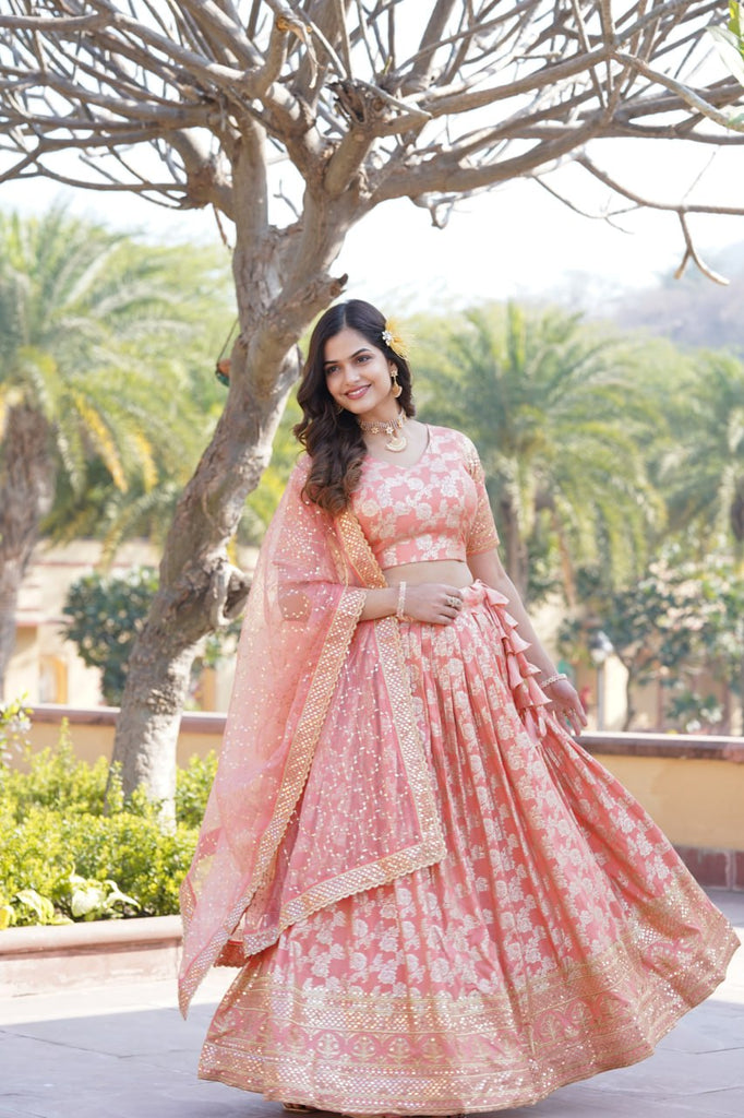 Designer Dyeable Viscose Jacquard Peach Lehenga Choli & Dupatta Set with Sequins Embroidery ClothsVilla