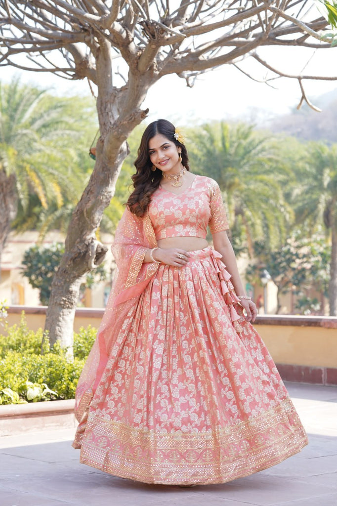 Designer Dyeable Viscose Jacquard Peach Lehenga Choli & Dupatta Set with Sequins Embroidery ClothsVilla