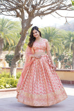 Load image into Gallery viewer, Designer Dyeable Viscose Jacquard Peach Lehenga Choli &amp; Dupatta Set with Sequins Embroidery ClothsVilla