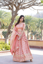 Load image into Gallery viewer, Designer Dyeable Viscose Jacquard Peach Lehenga Choli &amp; Dupatta Set with Sequins Embroidery ClothsVilla