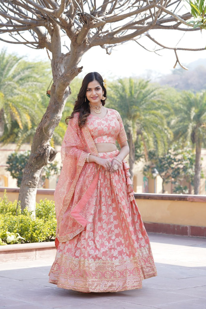 Designer Dyeable Viscose Jacquard Peach Lehenga Choli & Dupatta Set with Sequins Embroidery ClothsVilla