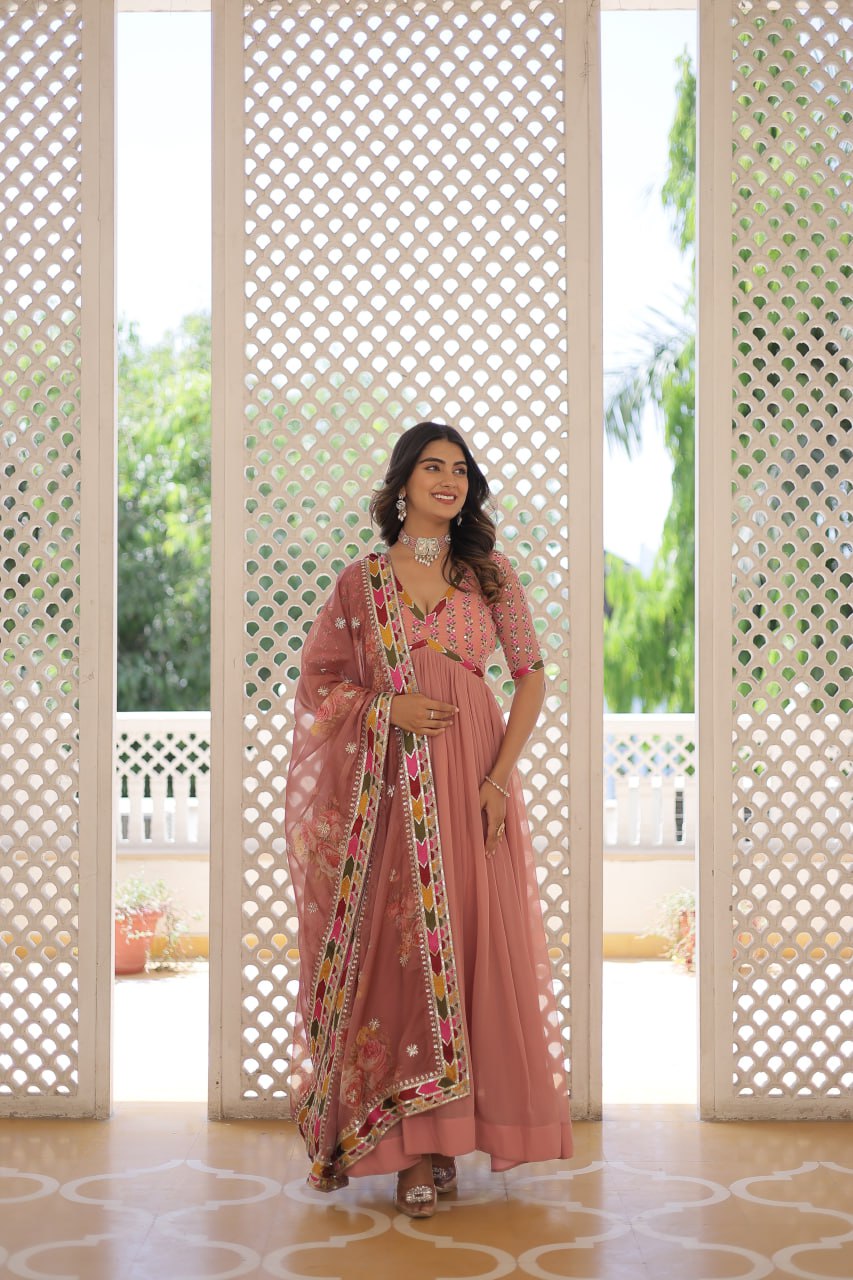 Elegant Embroidered Alia Cut Peach Gown with Printed Dupatta Set ClothsVilla