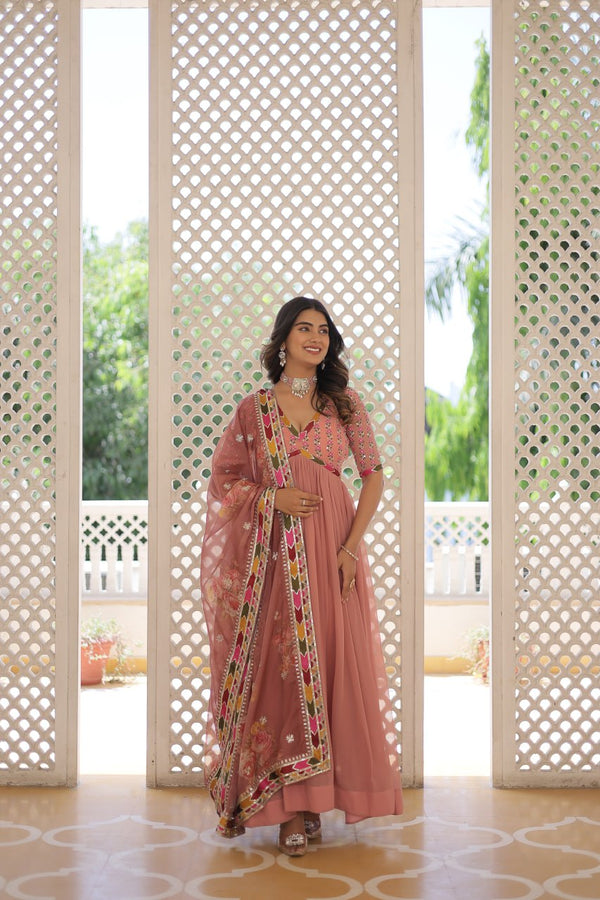 Elegant Embroidered Alia Cut Peach Gown with Printed Dupatta Set ClothsVilla