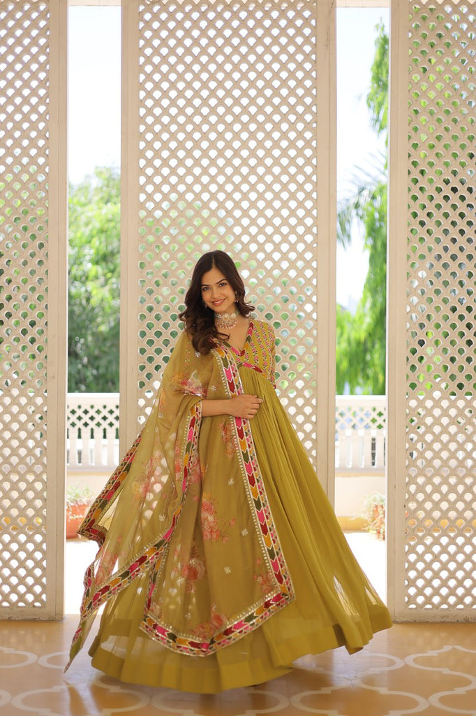 Elegant Embroidered Alia Cut Pist Green Gown with Printed Dupatta Set ClothsVilla