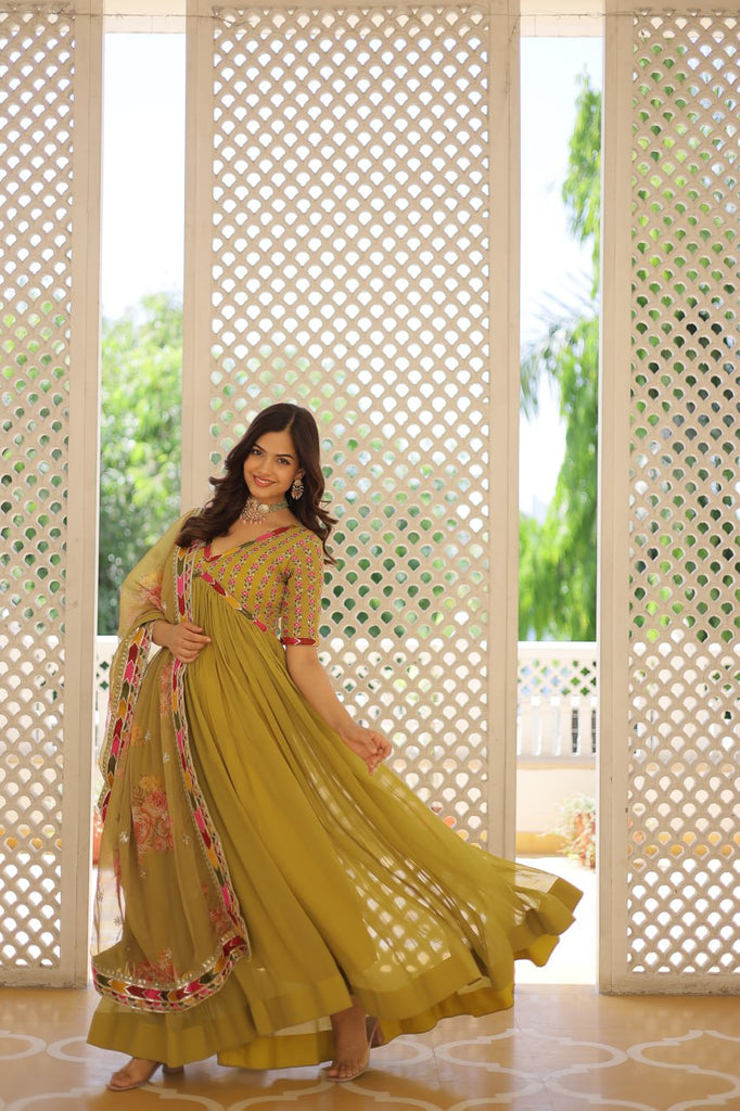 Elegant Embroidered Alia Cut Pist Green Gown with Printed Dupatta Set ClothsVilla