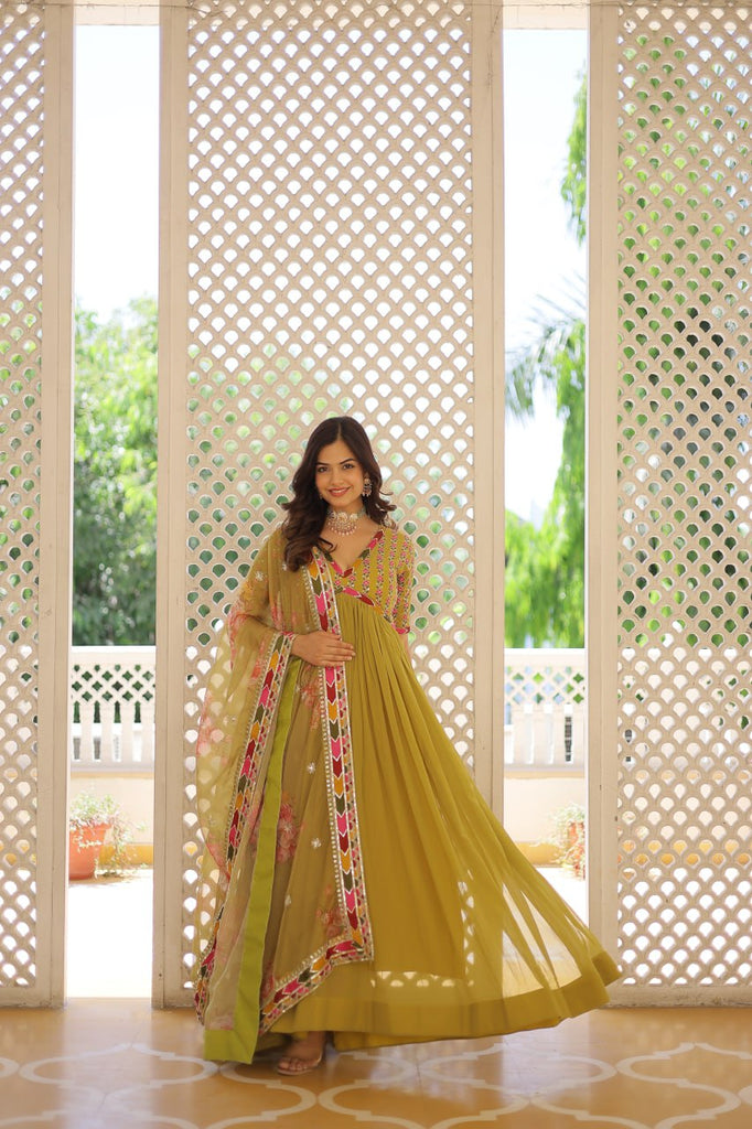 Elegant Embroidered Alia Cut Pist Green Gown with Printed Dupatta Set ClothsVilla