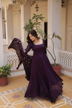 Load image into Gallery viewer, Embrace timeless elegance with our meticulously crafted Vichitra silk Purple gown and dupatta set. ClothsVilla